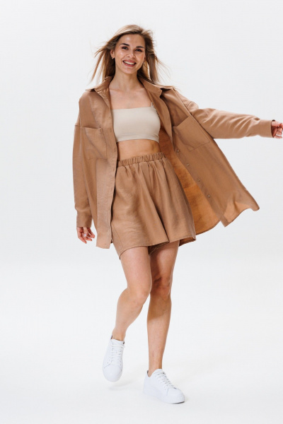 Леновый комплект рубашки и шорт с натурального текстиля FAMA F08-03С коричневый - фото 3