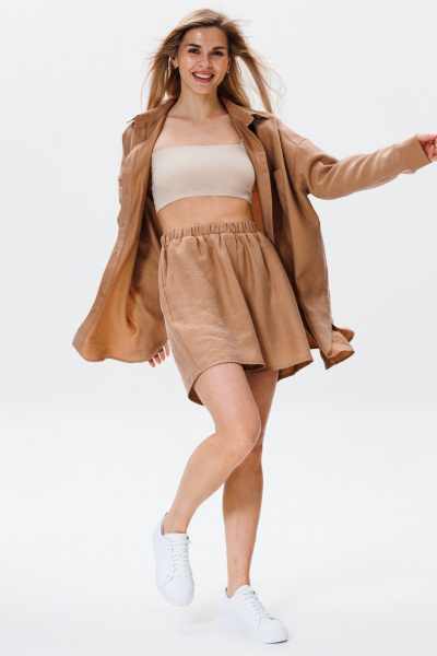 Леновый комплект рубашки и шорт с натурального текстиля FAMA F08-03С коричневый - фото 2