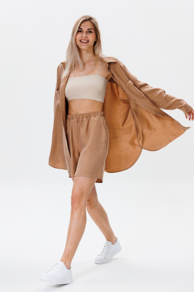 Леновый комплект рубашки и шорт с натурального текстиля FAMA F08-03С коричневый - фото 1