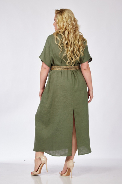 Зеленое платье с разрезом и вырезом из лен-текстиля летом Диомант 1976 хаки - фото 8