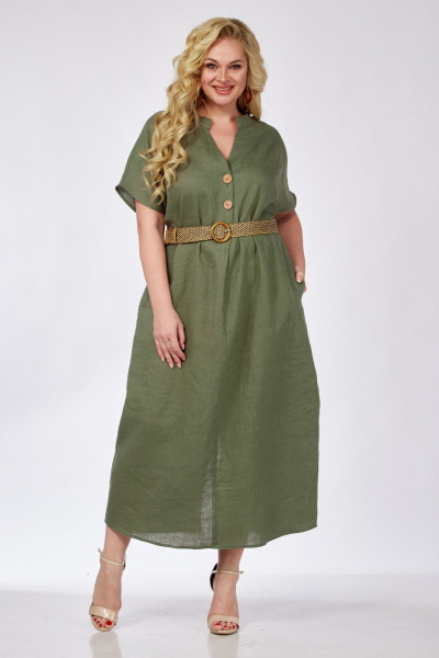 Зеленое платье с разрезом и вырезом из лен-текстиля летом Диомант 1976 хаки - фото 7