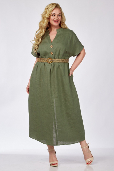 Зеленое платье с разрезом и вырезом из лен-текстиля летом Диомант 1976 хаки - фото 1