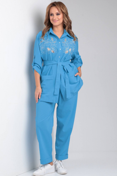 Рубашка с вышивкой и поясом из хлопкового текстиля Viola Style 1185 - фото 5