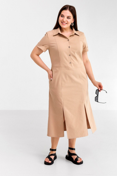 Летнее платье в стиле сафари из хлопкового текстиля Ollsy 01666 песочный - фото 2