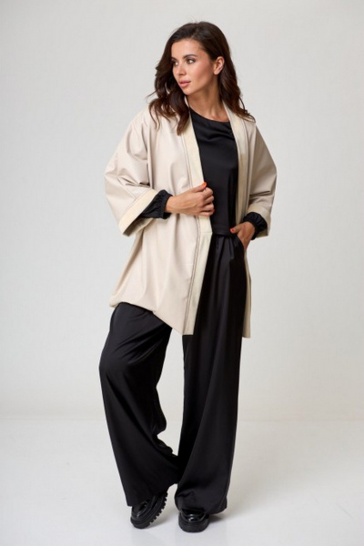 Бежевый жакет-кимоно из эко-кожи для стильных образов Anelli 773 бьянко - фото 1