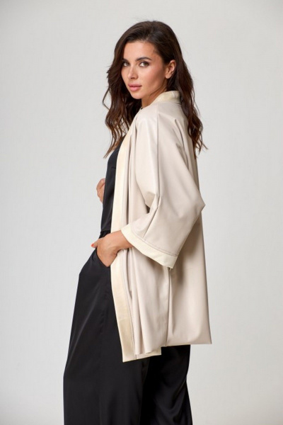 Бежевый жакет-кимоно из эко-кожи для стильных образов Anelli 773 бьянко - фото 3