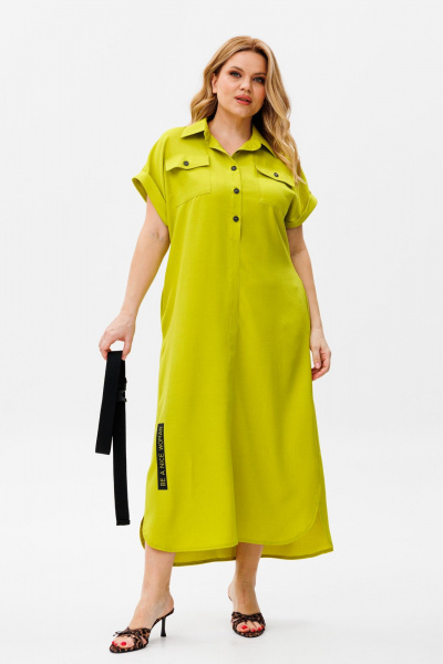 Зеленое летнее платье из льна и хлопка с поясом Michel chic 993/2 яблоко - фото 4