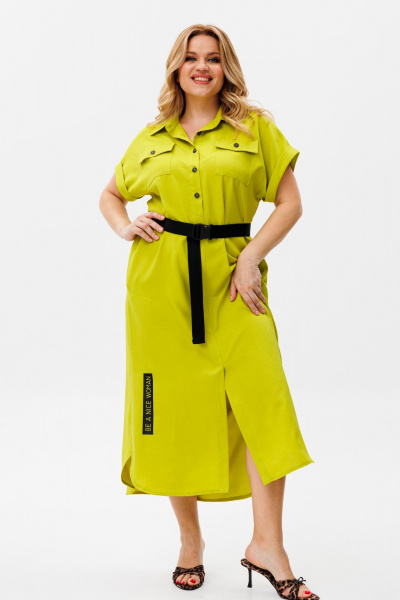 Зеленое летнее платье из льна и хлопка с поясом Michel chic 993/2 яблоко - фото 1