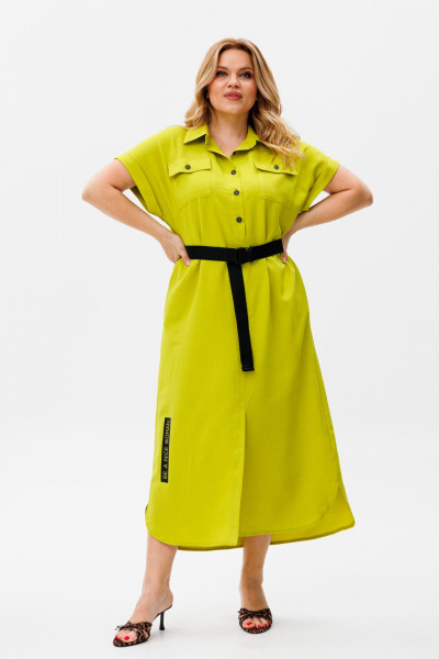 Зеленое летнее платье из льна и хлопка с поясом Michel chic 993/2 яблоко - фото 2