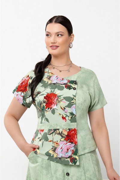 Зеленый костюм из вискозы с асимметричной блузой и юбкой Lissana 4871 - фото 2