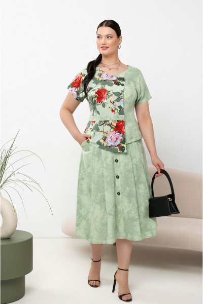 Зеленый костюм из вискозы с асимметричной блузой и юбкой Lissana 4871 - фото 1