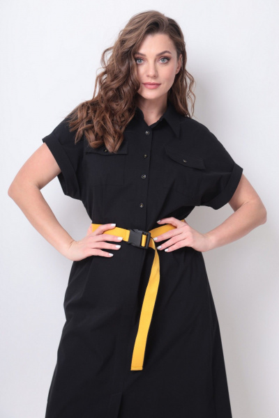 Платье рубашечного типа с поясом и разрезом Michel chic 993/2 черный,желтый - фото 8
