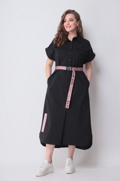 Платье рубашечного типа с коротким рукавом и поясом Michel chic 993/2 черный,розовый - фото 1
