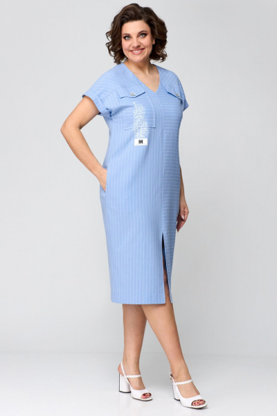 Голубое полуприлегащее платье с карманами и разрезами Мишель стиль 1197 голубой - фото 4