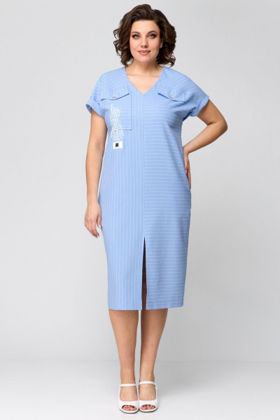 Голубое полуприлегащее платье с карманами и разрезами Мишель стиль 1197 голубой - фото 3