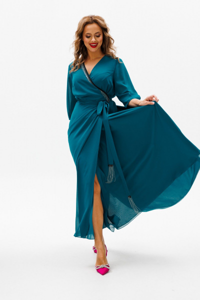 Нарядное платье с юбкой-солнце и махровыми деталями Anastasia 1113 морская_волна - фото 5