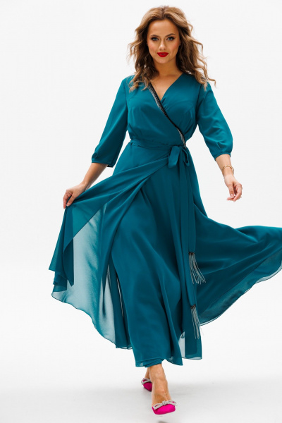 Нарядное платье с юбкой-солнце и махровыми деталями Anastasia 1113 морская_волна - фото 4