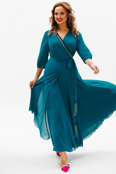 Нарядное платье с юбкой-солнце и махровыми деталями Anastasia 1113 морская_волна - фото 1