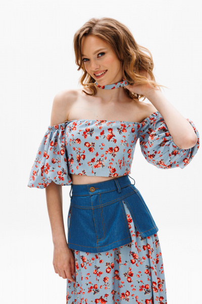 Голубая миди юбка с баской из джинса и карманами EOLA 2602 голубой_ принт - фото 12