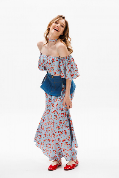 Голубая миди юбка с баской из джинса и карманами EOLA 2602 голубой_ принт - фото 10