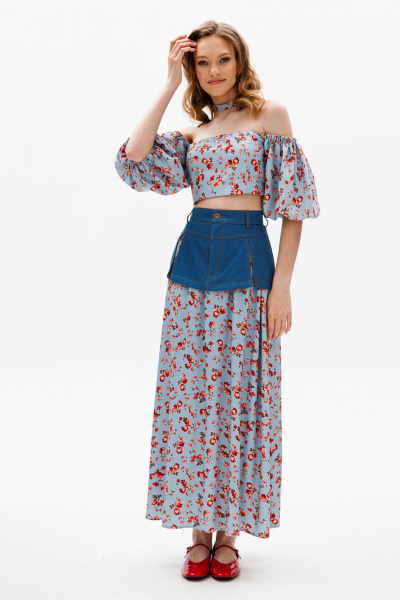 Голубая миди юбка с баской из джинса и карманами EOLA 2602 голубой_ принт - фото 9