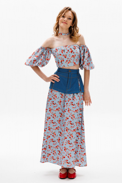 Голубая миди юбка с баской из джинса и карманами EOLA 2602 голубой_ принт - фото 8