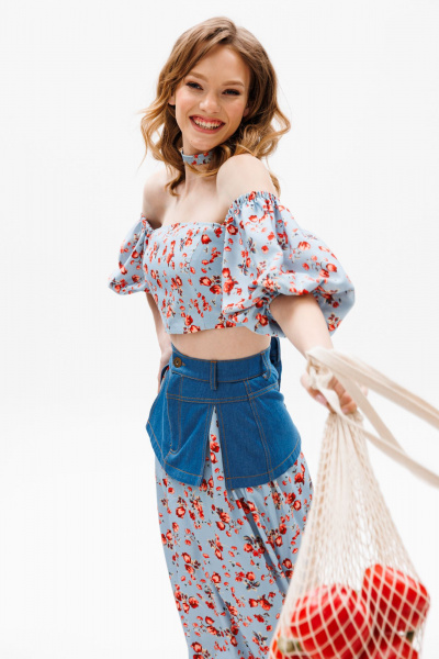 Голубая миди юбка с баской из джинса и карманами EOLA 2602 голубой_ принт - фото 7