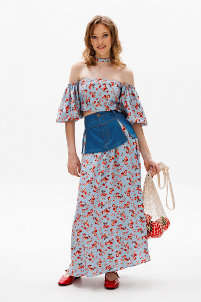 Голубая миди юбка с баской из джинса и карманами EOLA 2602 голубой_ принт - фото 6