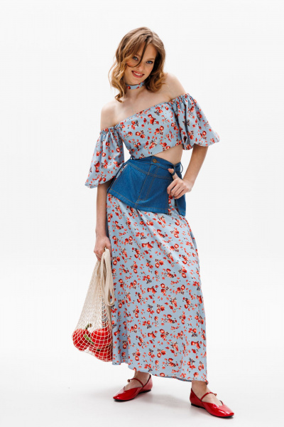 Голубая миди юбка с баской из джинса и карманами EOLA 2602 голубой_ принт - фото 1