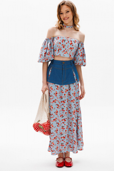 Голубая миди юбка с баской из джинса и карманами EOLA 2602 голубой_ принт - фото 3