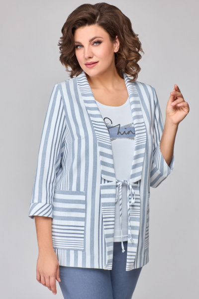 Трехпредметный комплект из жакета, топа и брюк из текстиля Мишель стиль 1133-2 сине-белый - фото 7