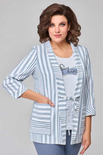 Трехпредметный комплект из жакета, топа и брюк из текстиля Мишель стиль 1133-2 сине-белый - фото 6