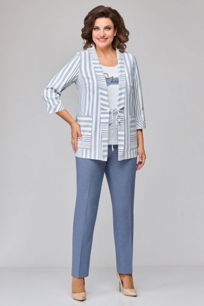 Трехпредметный комплект из жакета, топа и брюк из текстиля Мишель стиль 1133-2 сине-белый - фото 1