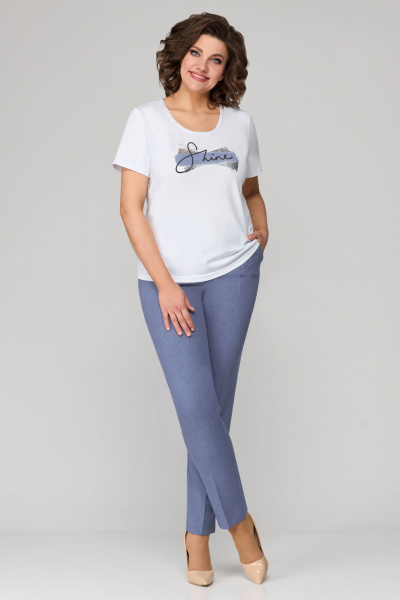 Трехпредметный комплект из жакета, топа и брюк из текстиля Мишель стиль 1133-2 сине-белый - фото 3