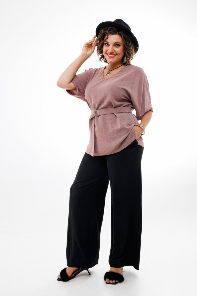Блуза летняя свободная из вискозы с поясом Anelli 1394 капучино - фото 2