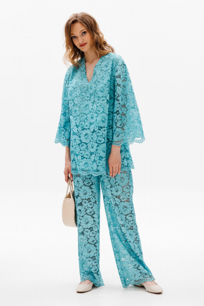 Комплект из гипюра с прямыми брюками и блузой EOLA 2649 мята - фото 1