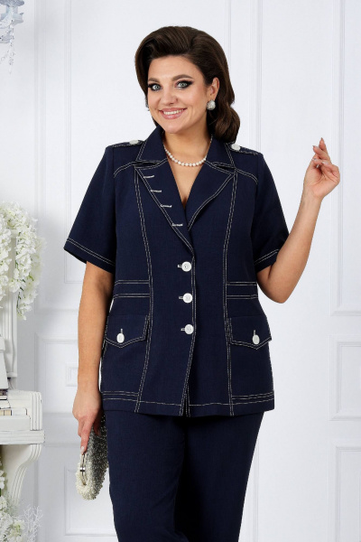 Брючный костюм из лен-вишер с контрастной отделкой Ninele 5959 синий - фото 11