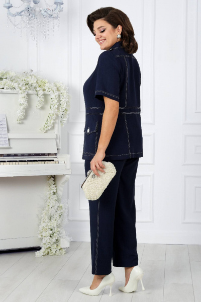 Брючный костюм из лен-вишер с контрастной отделкой Ninele 5959 синий - фото 3