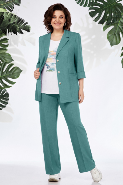Летний деловой комплект из жакета, брюк и майки из хлопка и ленa БагираАнТа 943 бирюза - фото 3