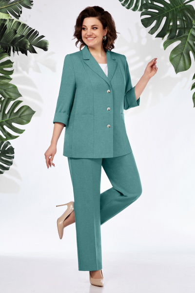 Летний деловой комплект из жакета, брюк и майки из хлопка и ленa БагираАнТа 943 бирюза - фото 2