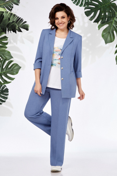 Летний деловой комплект из жакета, брюк и майки из текстиля БагираАнТа 943 голубой - фото 1