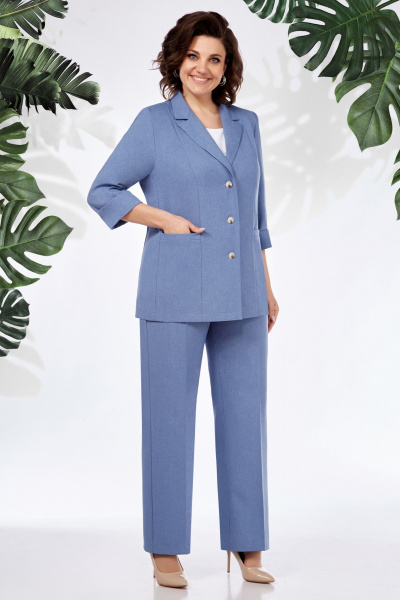 Летний деловой комплект из жакета, брюк и майки из текстиля БагираАнТа 943 голубой - фото 2