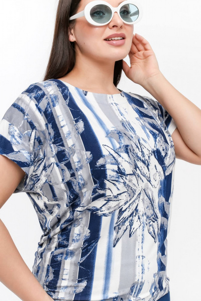 Юбка трапециевидная с высоким поясом и разрезом La rouge 3354 синий-(полоска) - фото 5