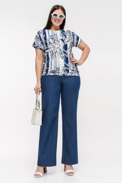 Юбка трапециевидная с высоким поясом и разрезом La rouge 3354 синий-(полоска) - фото 2