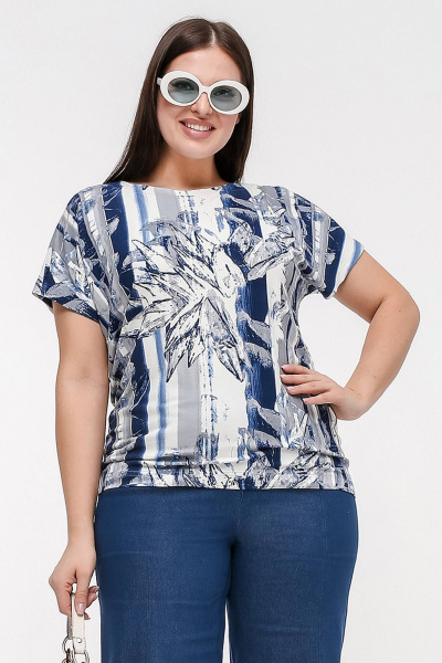 Юбка трапециевидная с высоким поясом и разрезом La rouge 3354 синий-(полоска) - фото 1