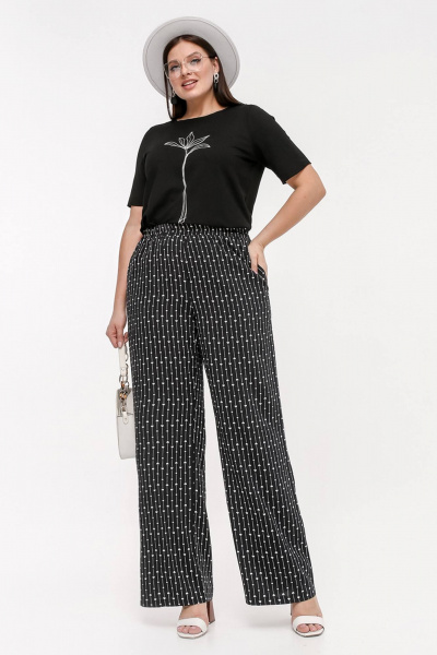 Брюки женские расширенные с поясом на резинке La rouge 8057 черный-(сердечки) - фото 1