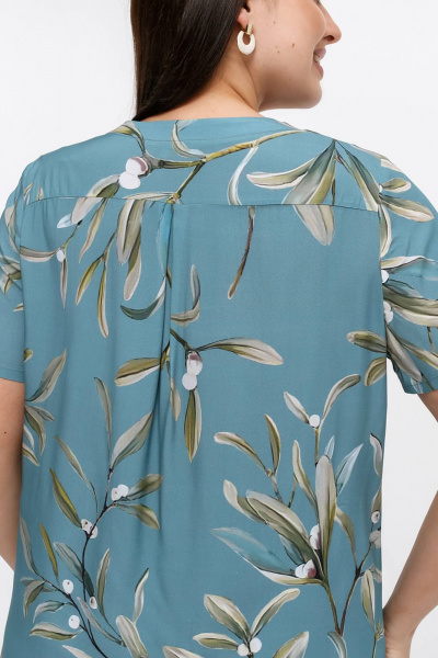 Летняя блуза из набивного штапеля с кокетками и коротким рукавом La rouge 6214 зеленый-(веточки) - фото 8