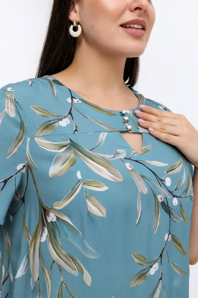 Летняя блуза из набивного штапеля с кокетками и коротким рукавом La rouge 6214 зеленый-(веточки) - фото 6