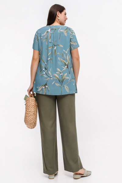 Летняя блуза из набивного штапеля с кокетками и коротким рукавом La rouge 6214 зеленый-(веточки) - фото 5