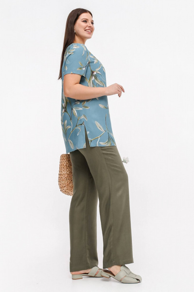 Летняя блуза из набивного штапеля с кокетками и коротким рукавом La rouge 6214 зеленый-(веточки) - фото 4